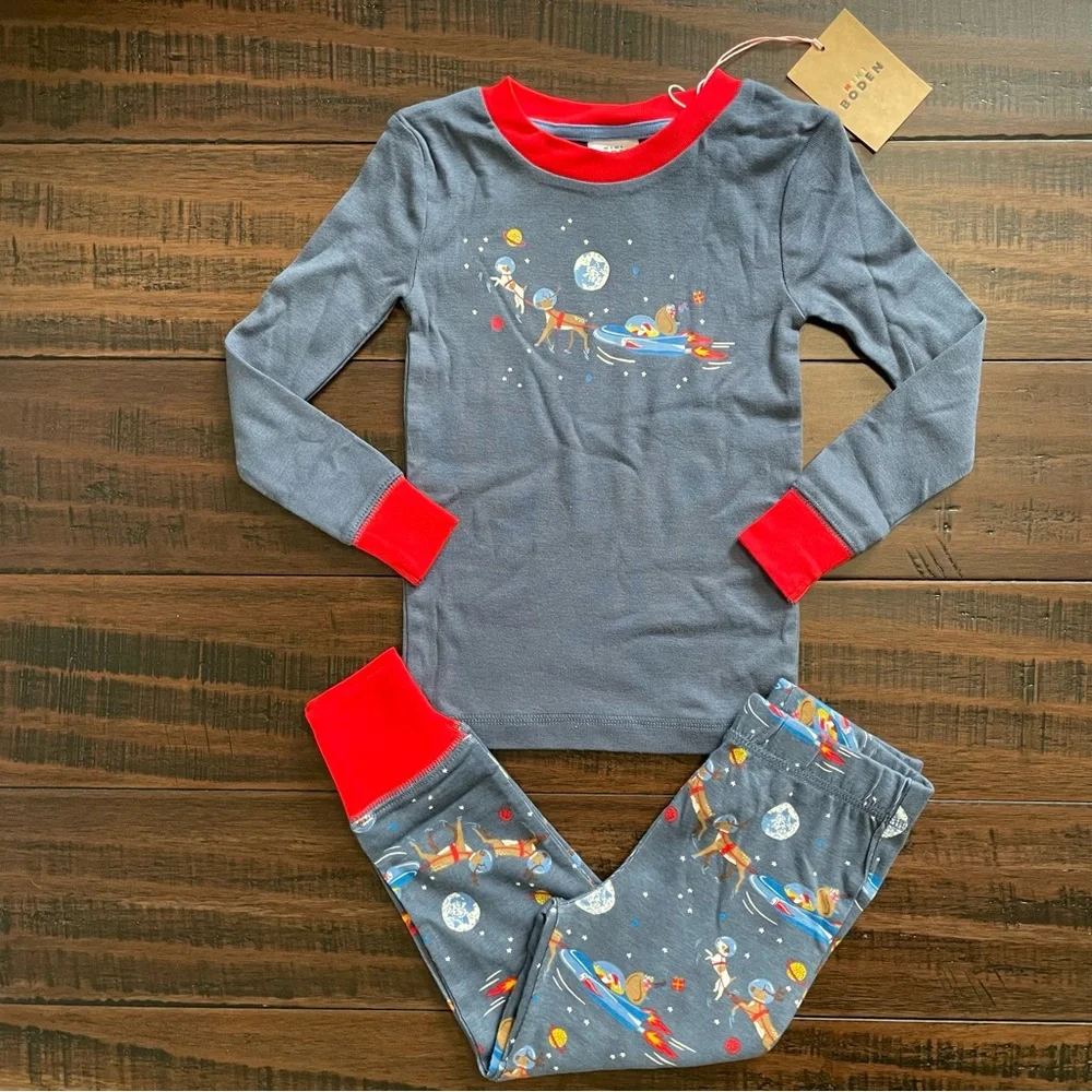 Mini Boden Blue Space Santa Long John Pajama Set NWT